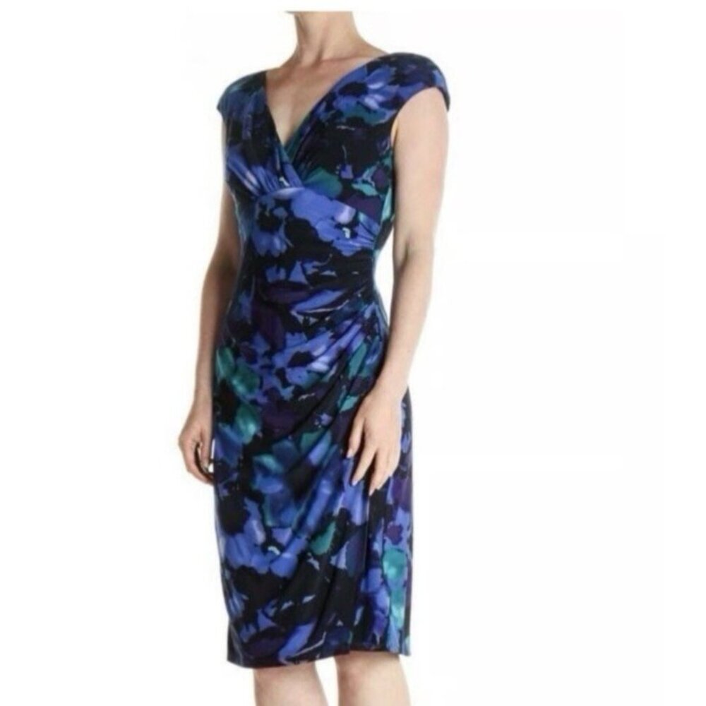Ralph Lauren Dress 10 Blue Green Floral Washable Stretch Career Church Party